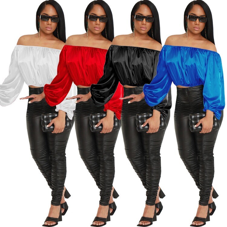 Women’s Sexy Satin Off Shoulder Lantern Sleeve Crop Blouse Shirt Top Clubwear