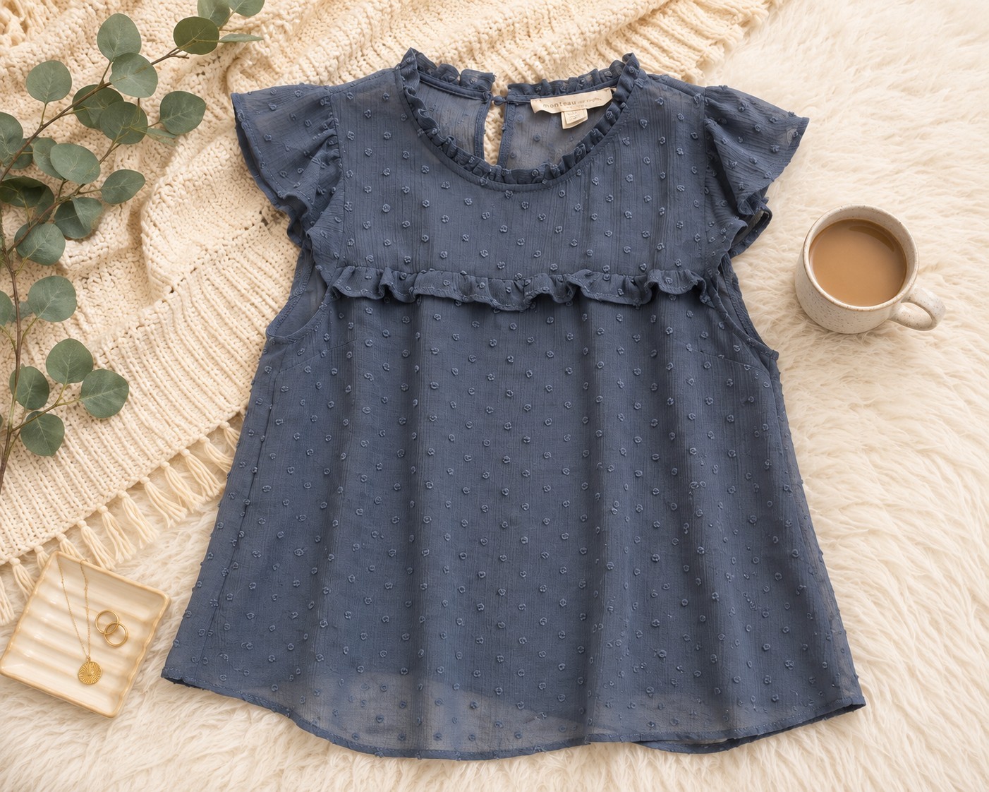Monteau Los Angeles Women’s Blue Swiss Dot Ruffle Scoop Neck Blouse M