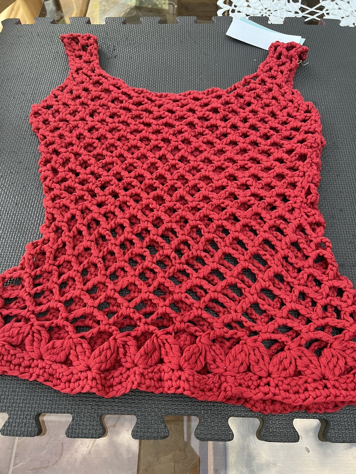 NWTS:ROWAN YARN. COTTON TAPE: HAND CROCHETED Red Tank Top. 100% Cotton. Size M