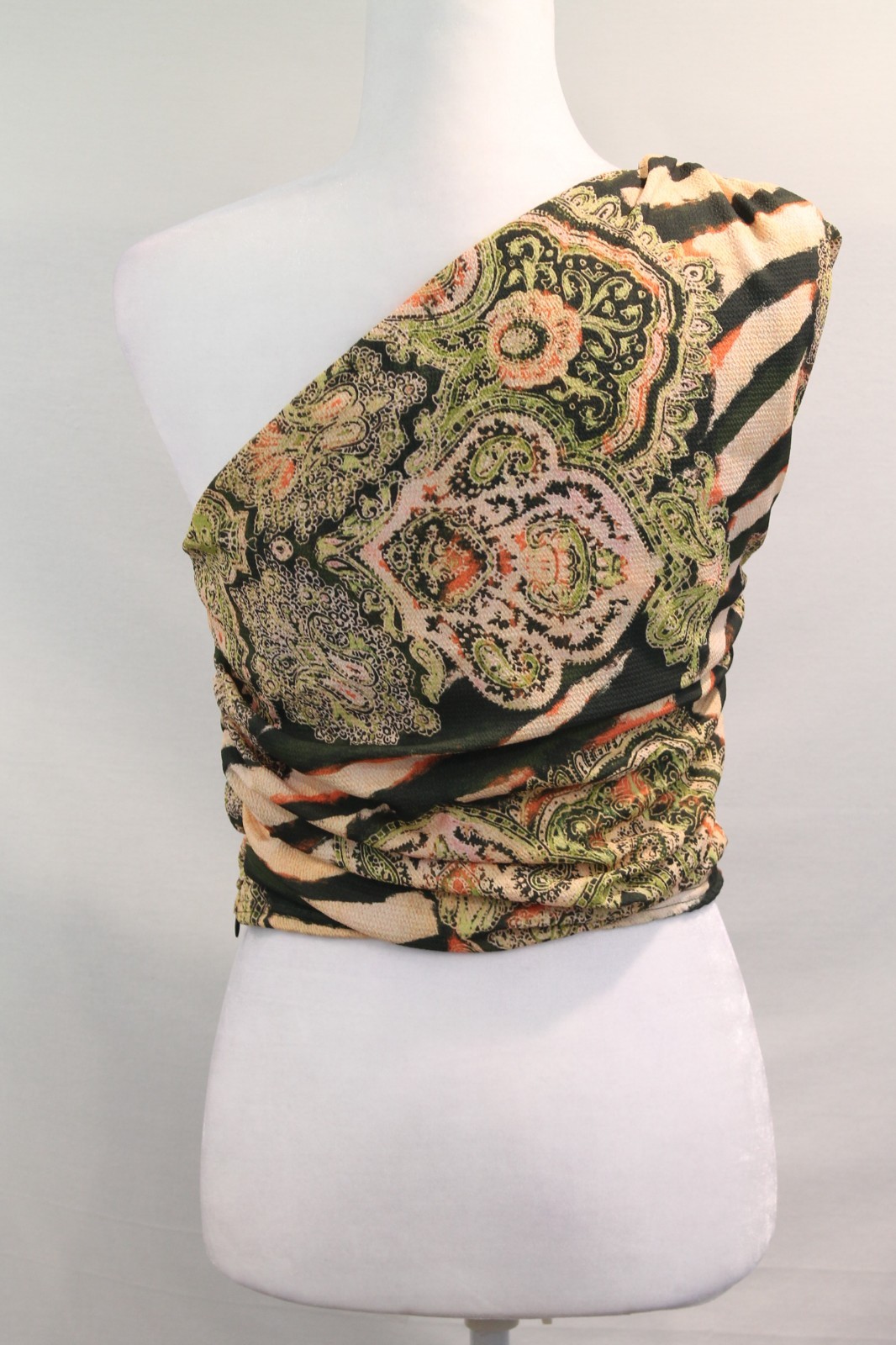 Womens Crop One Shoulder Multi Media Print Top size 6 Beige Green Ruched Zip Up