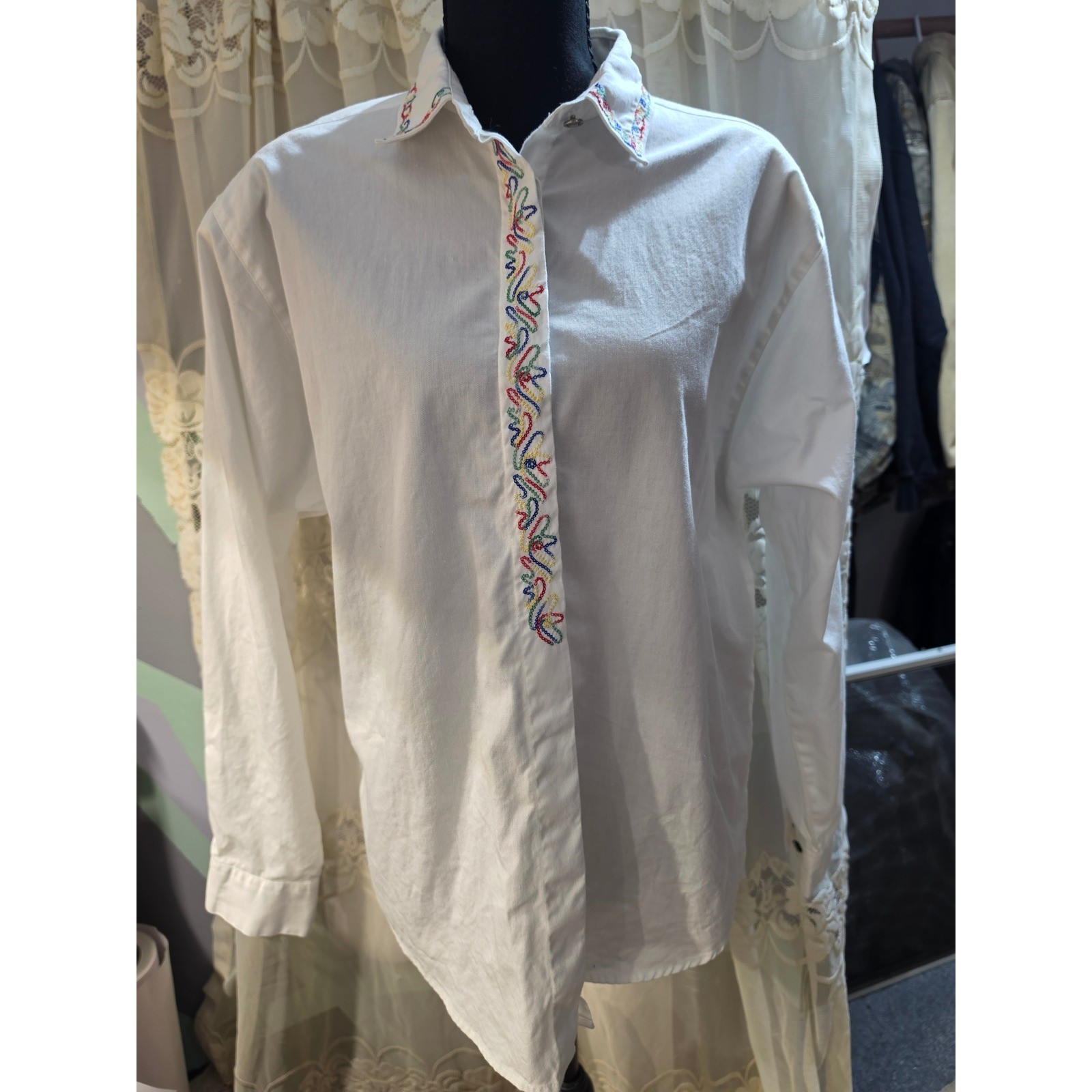 VTG Wrangler Authentic Western White Cotton Embroidered Button Down Shirt Large