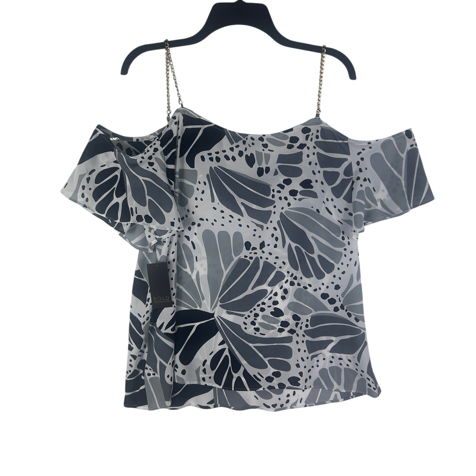 Bold Elements Butterfly Print Cold Shoulder Top XL White Black Chain Strap NWT