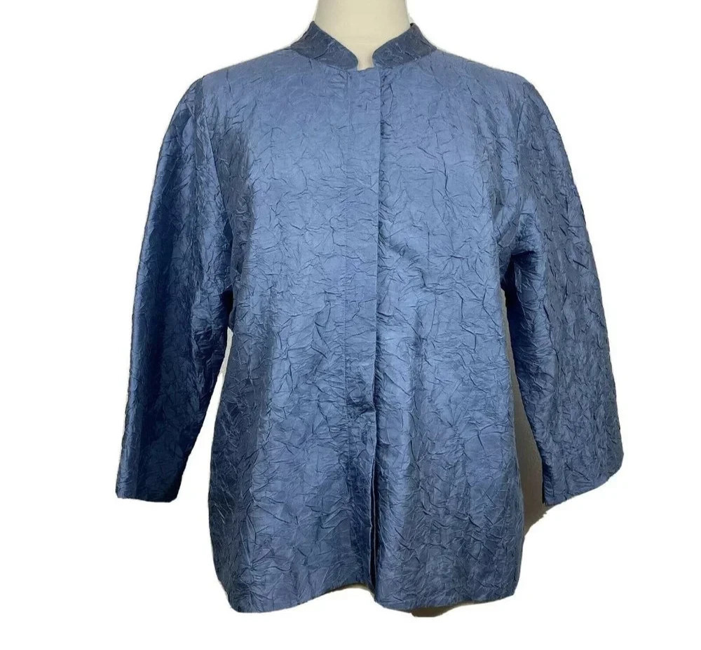 Eileen Fisher Mandarin Collar 100% Silk Crinkle Shirt Blouse 3/4 Sleeve S Blue
