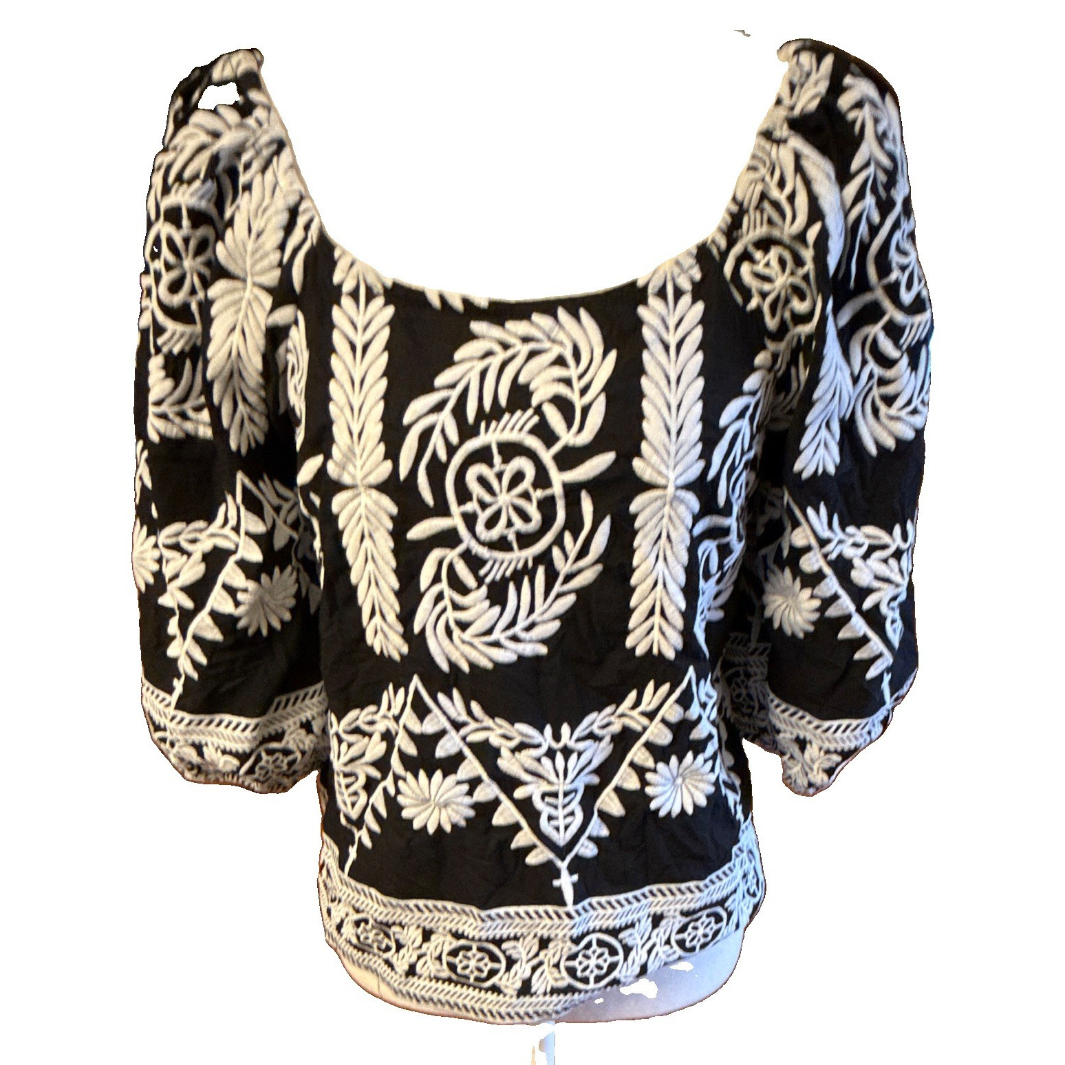 Saks Fifth Avenue Women Black White Floral Embroidered Woven Square Neck S