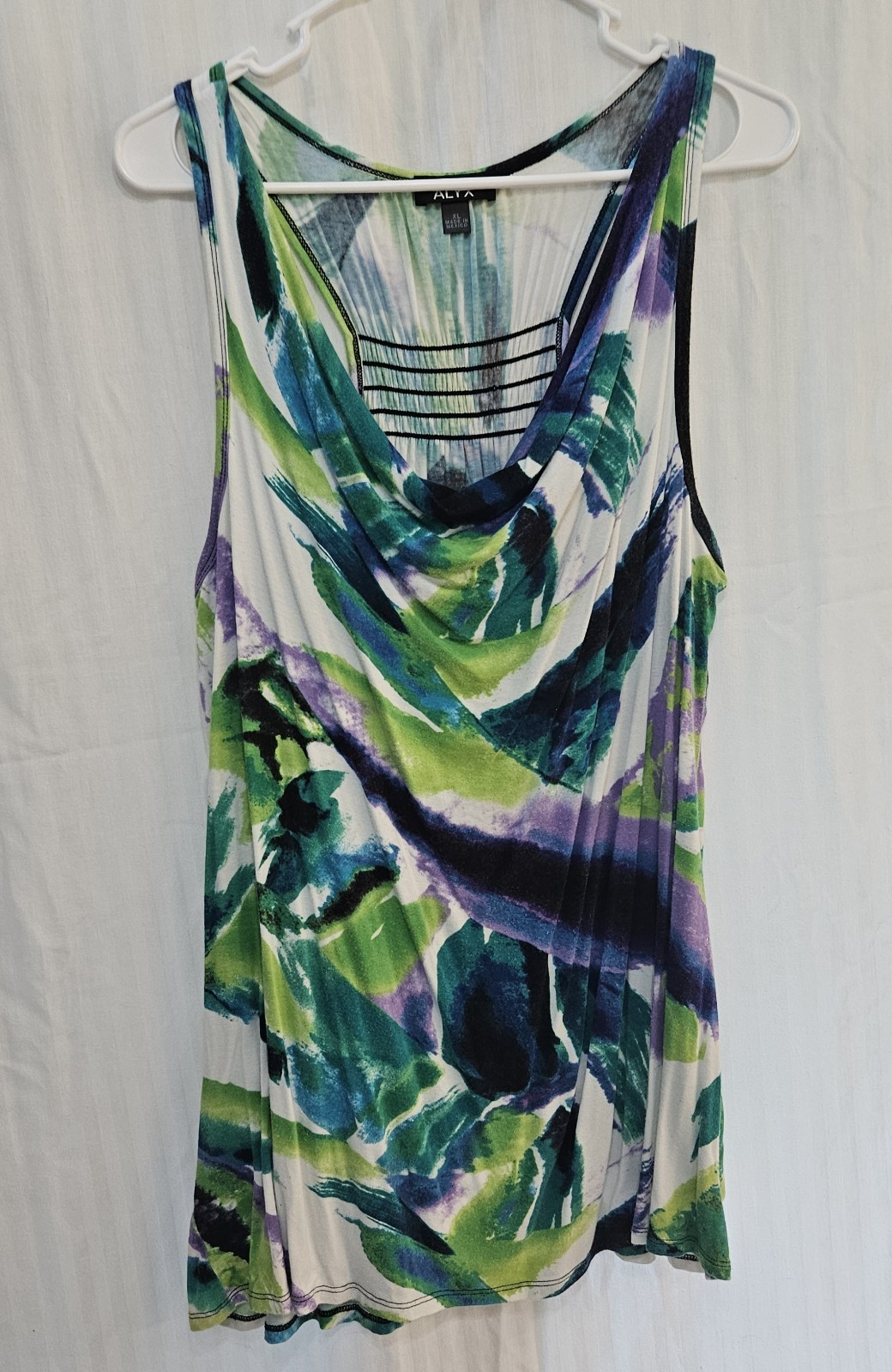 Alyx Tank Blouse – Green Purple Rayon Cowl Neck T-back – Size XL XLarge