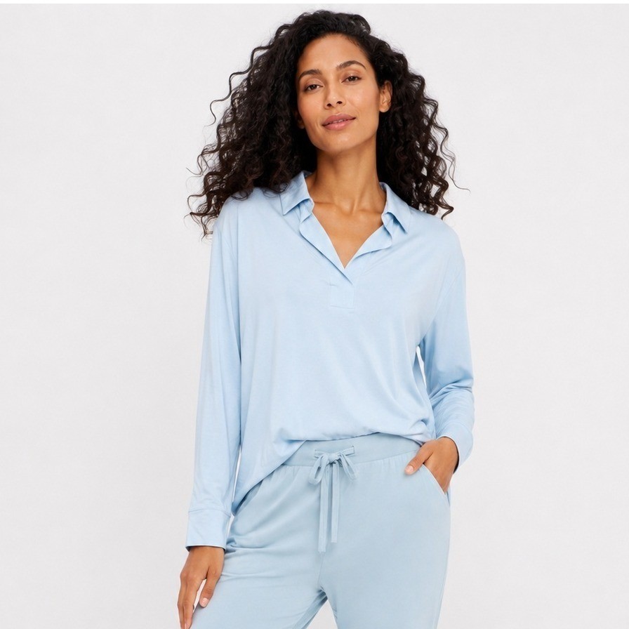 Cozy Earth Polo Top Womens Bamboo Stretch Knit Long Sleeve Powder Blue XL NEW