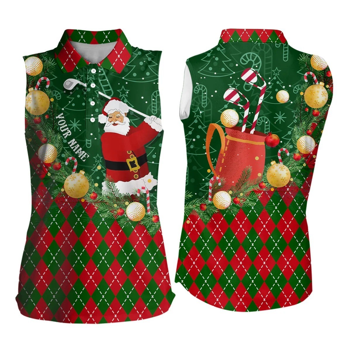 Personalized Santa Golf Polo Women Sleeveless Christmas Argyle Shirt