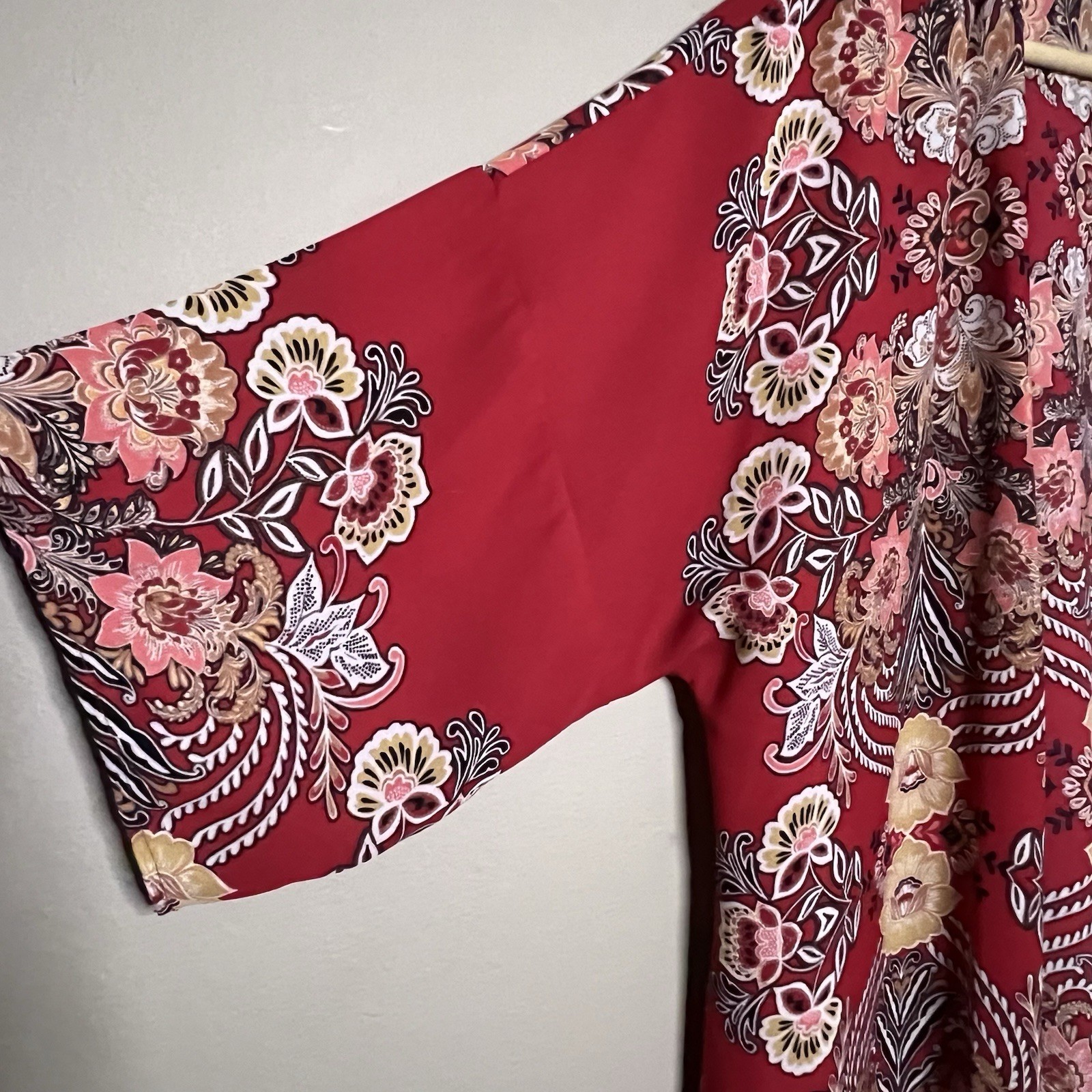 Cato Sheer Open Front Kimono Duster Women Large Red Floral 3/4 Bell Sleeves