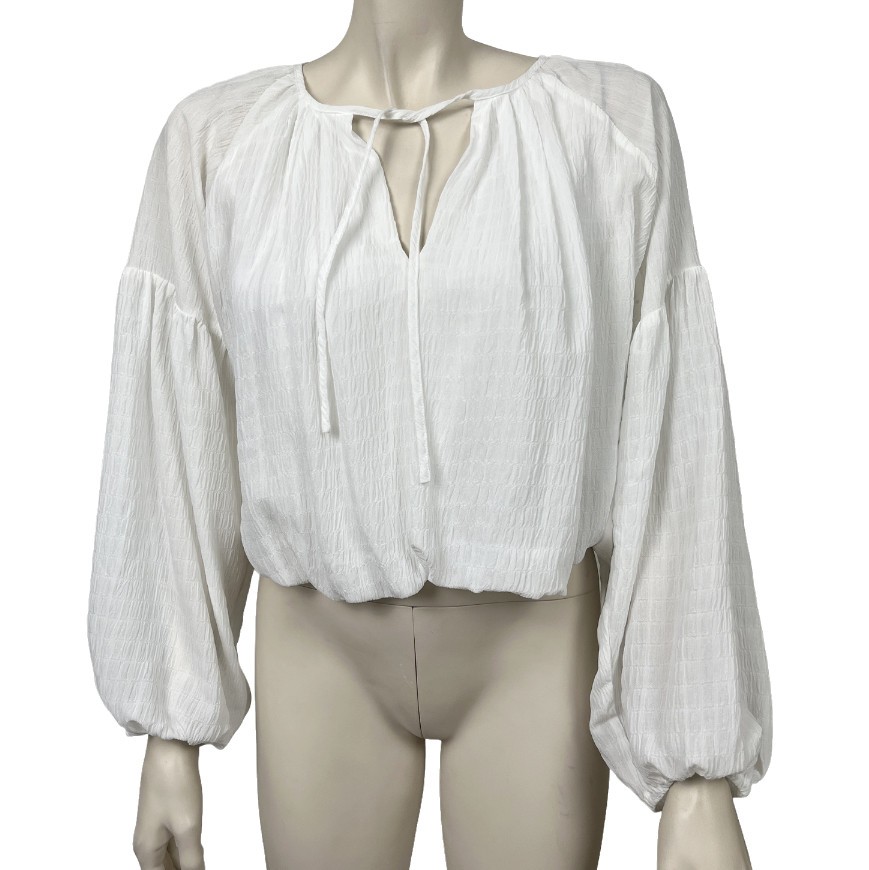 WAYF Small White Blouson Sleeve Bubble Hem Crepe Gauze Blouse Boho