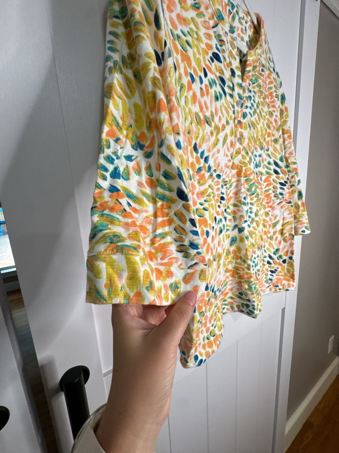 Denim & Co. Textured Knit 3/4-Sleeve Henley Top in Multi-Color Abstract Print