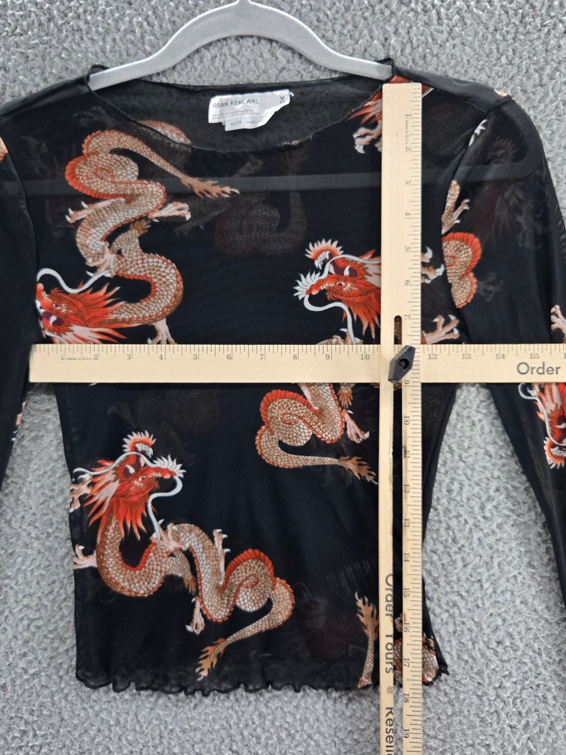 Urban Outfitters Women’s Dragon Print Mesh Top XS Black Sheer Long Sleeve Y2K