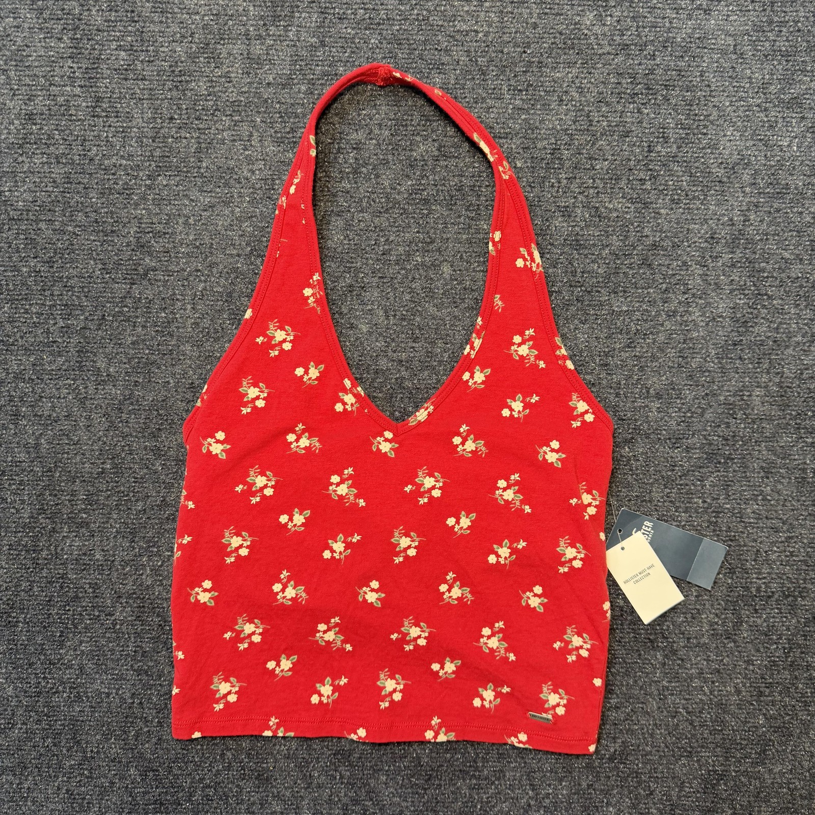 Hollister Tank Top Womens Medium Red Floral Halter Cropped Stretch Tagless