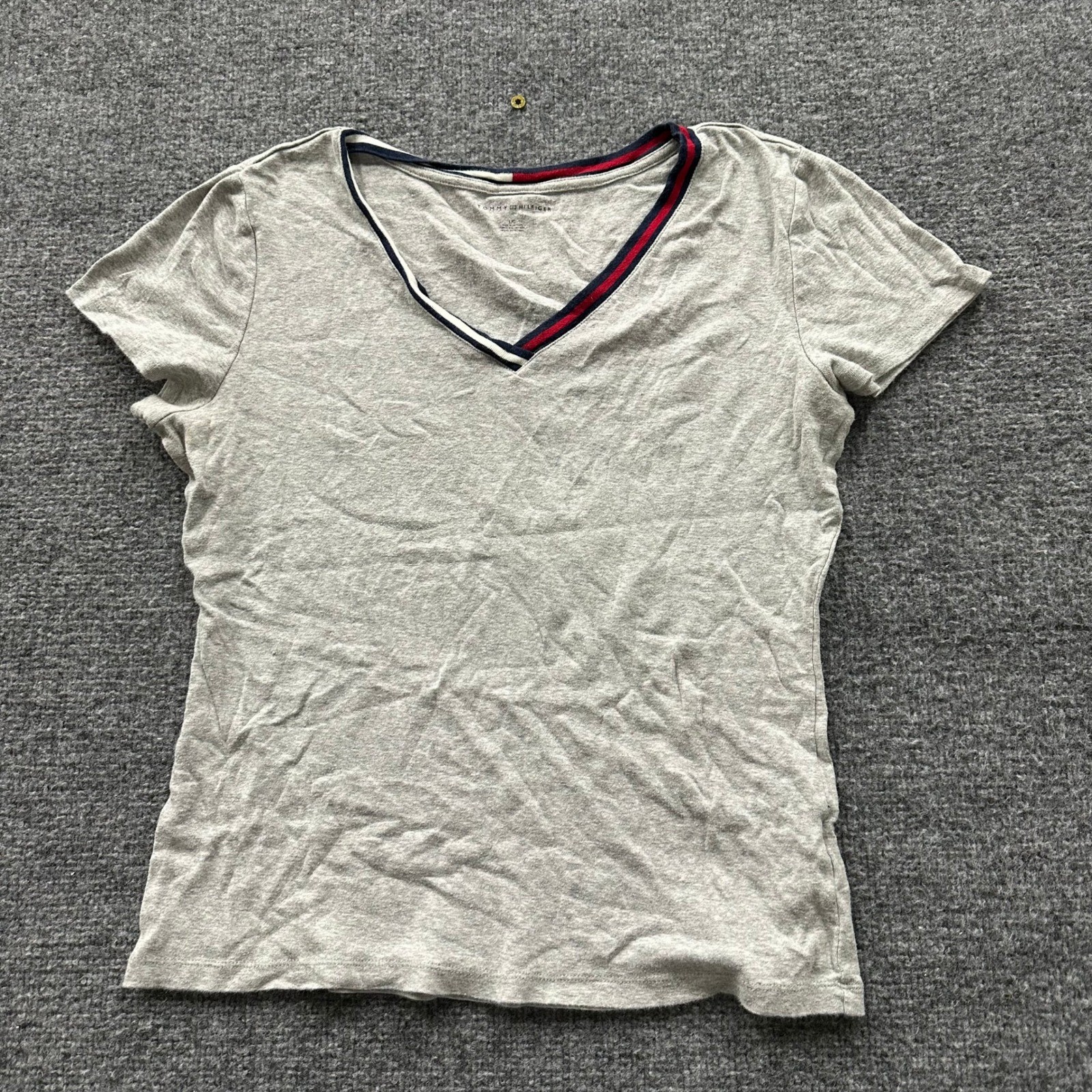Tommy Hilfiger V-Neck T-Shirt Womens Size L Gray Cotton Striped Neck Casual Tee