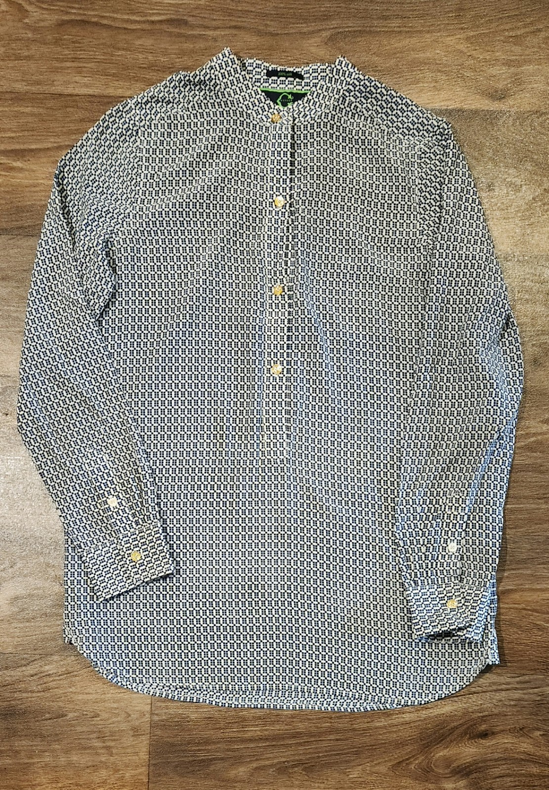 C Wonder 100 Silk Print Band Collar Tunic Shirt Blouse Blue White Geometric Sz-S