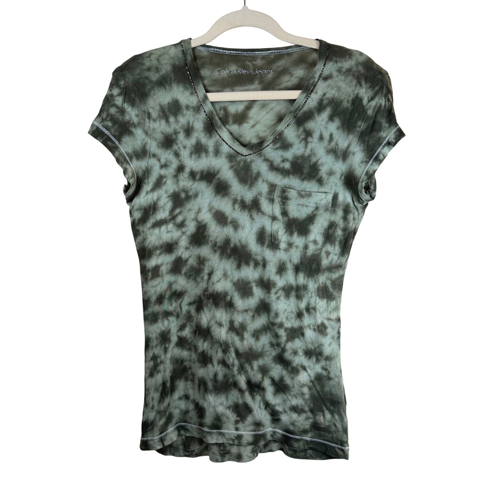 Calvin Klein Jeans Tie Dye Beaded V-Neck Short Sleeve Tee Womens Small Green Y2K