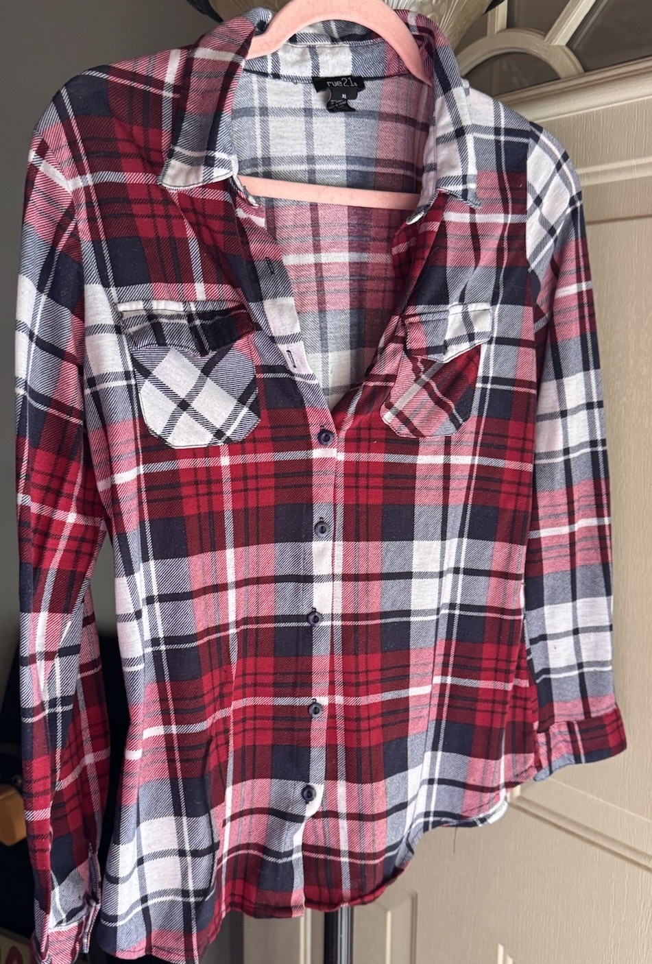 Rue21 Plaid Button Front Shirt Womens XL Red Black Long Sleeve Flannel Pockets