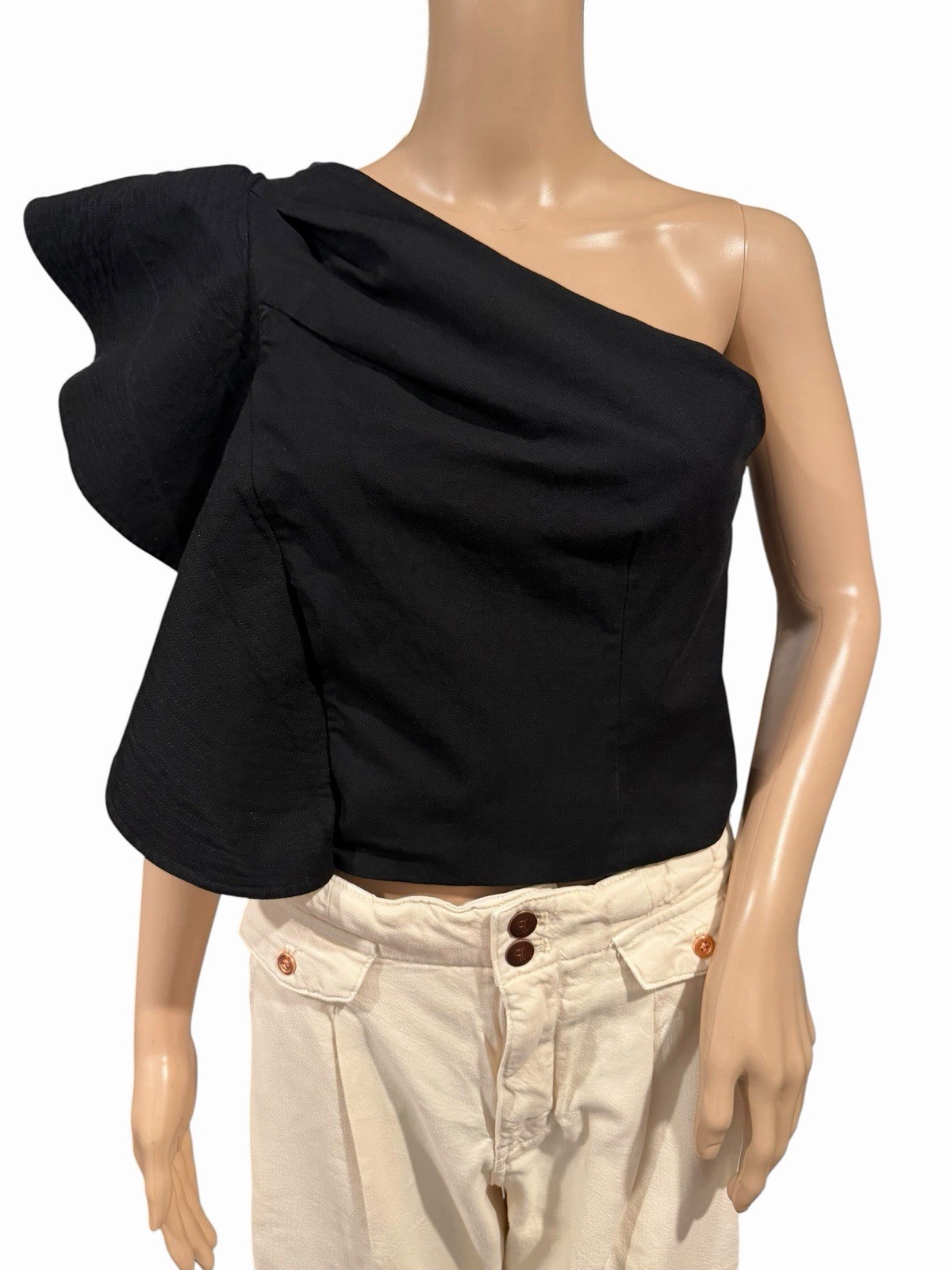 Amur Patricia Organic Cotton Blouse One Shoulder Ruffle Womens 6 Black Modern