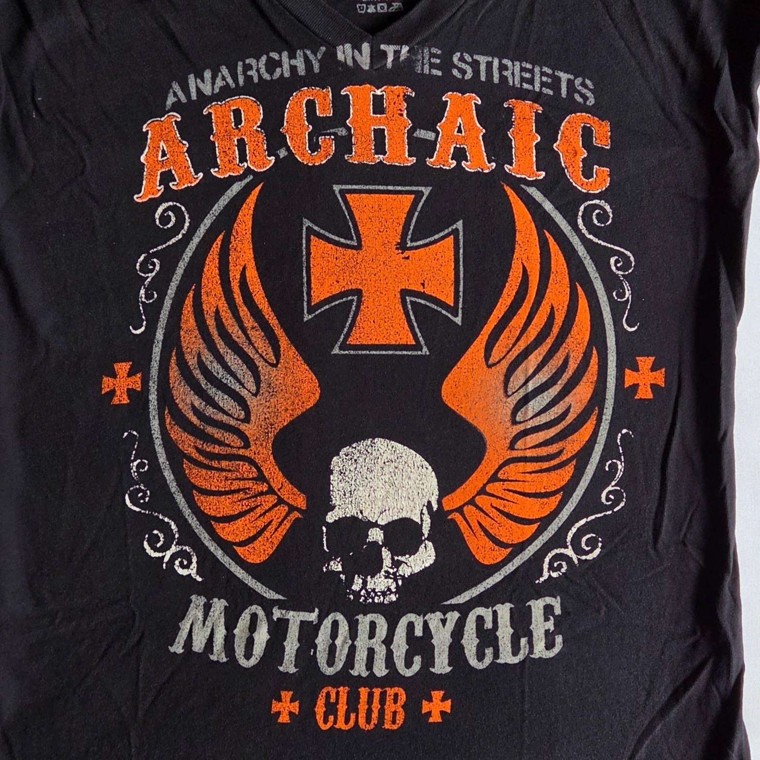 Archaic By Affliction Y2K Grunge Biker Black Orange L V-Neck Graphic T-Shirt NWT