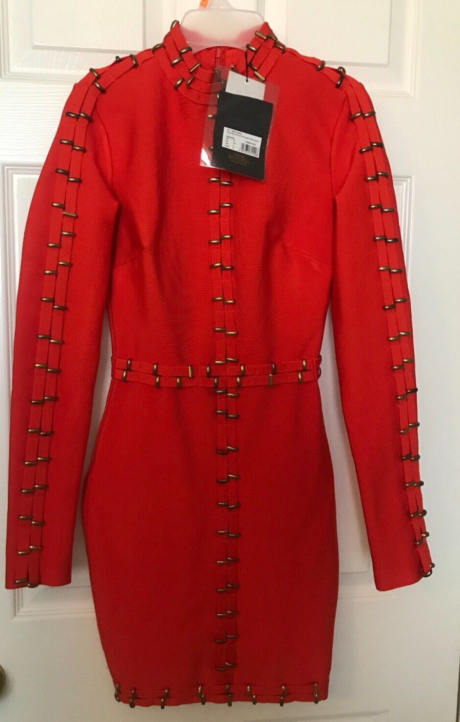 Peace Love high neck gold Long Sleeve Hardware mini dress orange