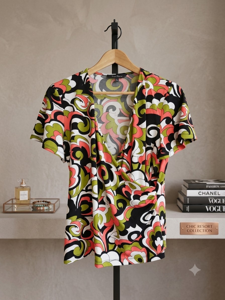 EVAN PICONE Women’s Multi Polyester Swirl V-Neck Wrap Blouse, size L