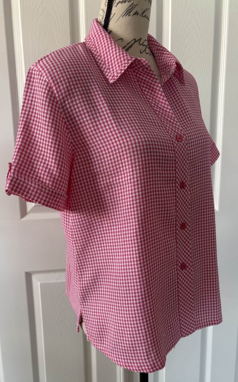 DRAPER’S & DAMON’S Petites Short Sleeve Blouse Pink White Check Women’s PM