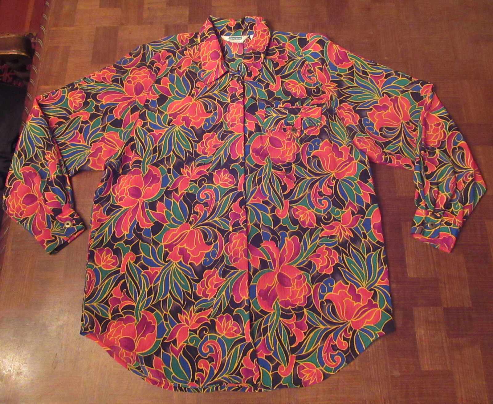 Vtg 80s Women’s Mervyn’s Partners loud floral L/S button-front Hawaiian shirt XL