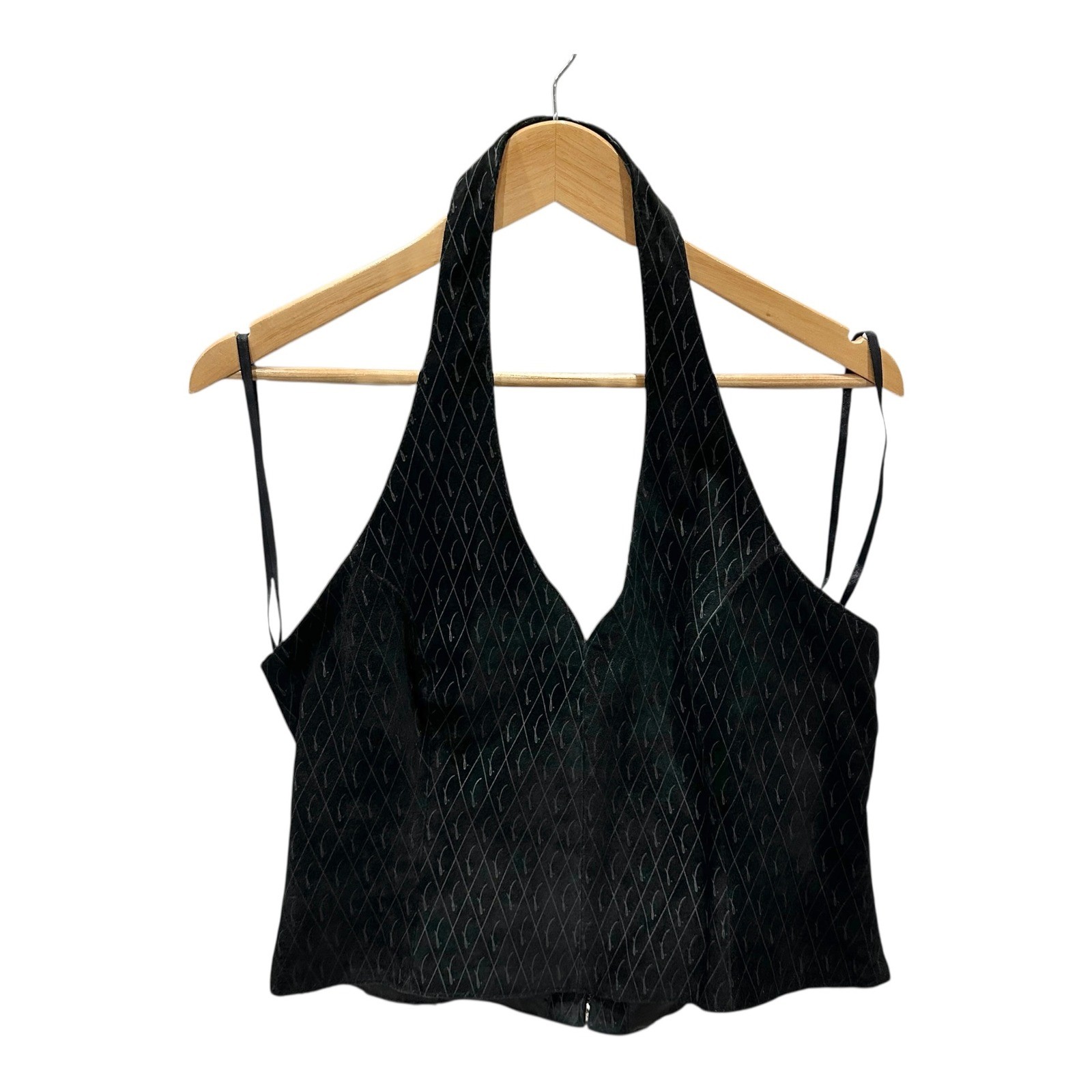 Venus Williams Wilsons Leather Black Suede Etched Halter Top XL Y2K Zipper Back