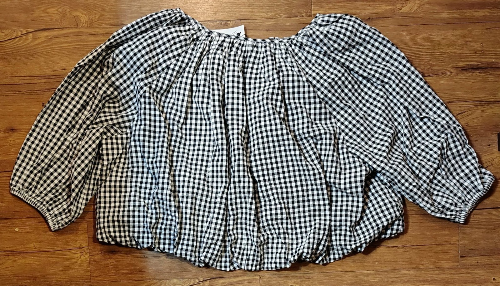 The Drop Womens Shirred Neck Cotton Bubble Hem Top Black/White Gingham XXL