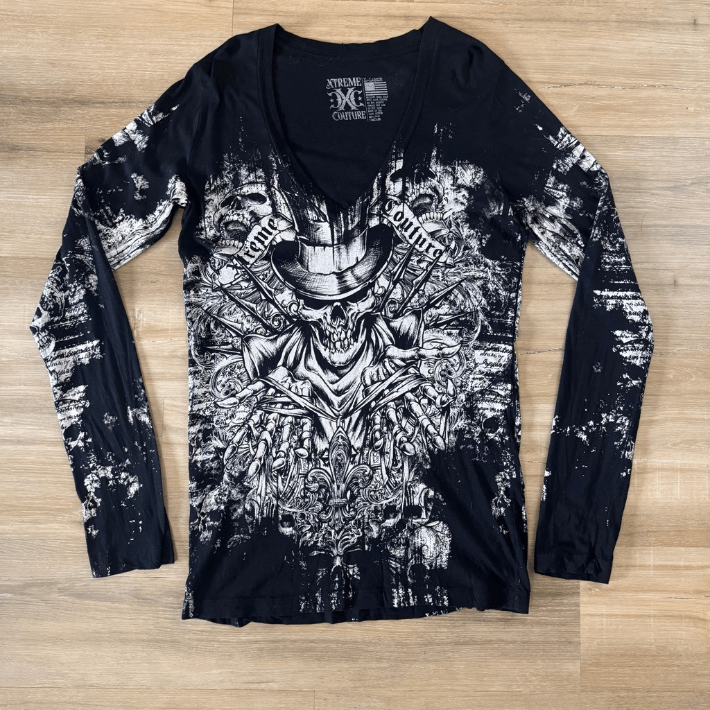 Xtreme Couture By Affliction Black And White Long Sleeve Shirt Size XL Skulls