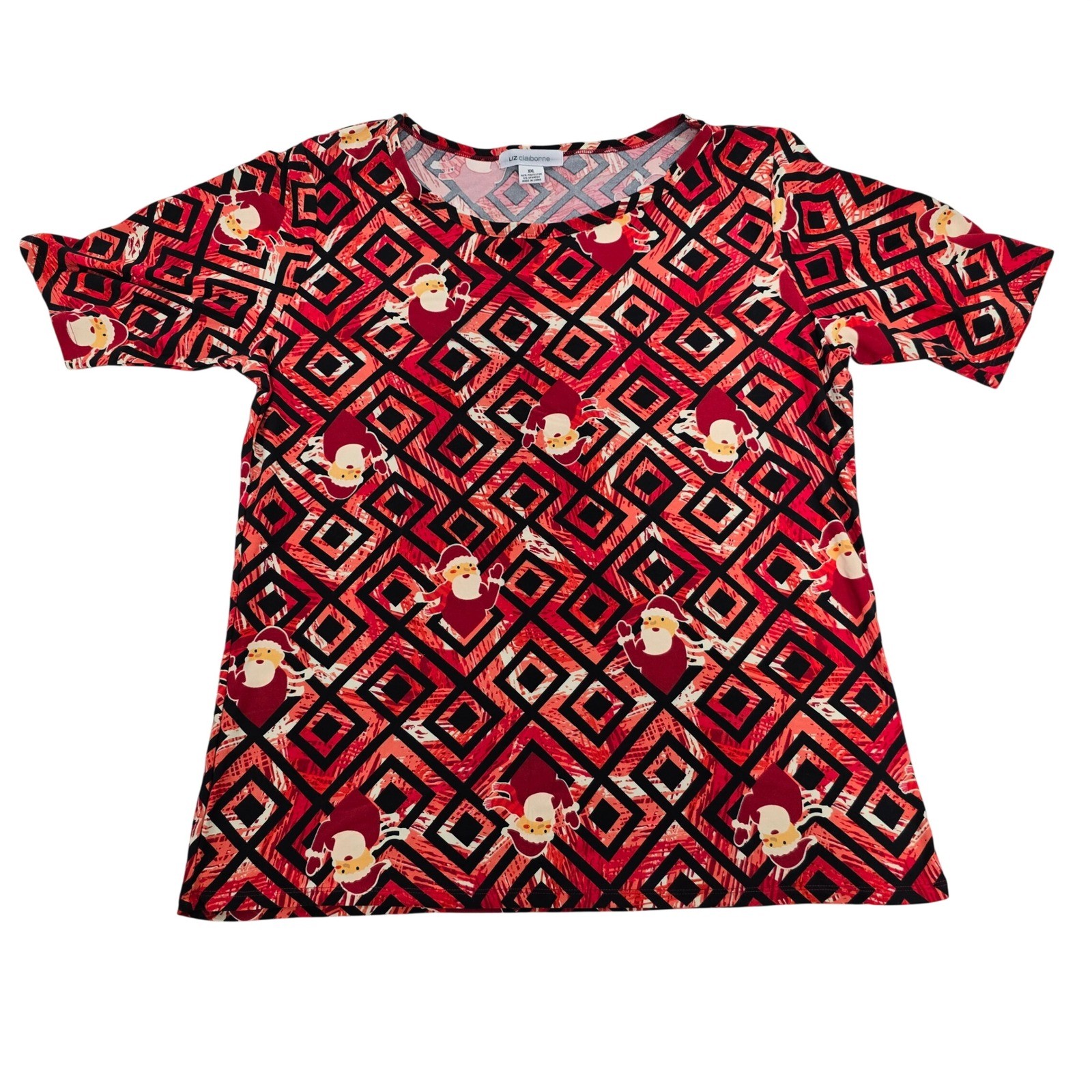 Liz Claiborne Womens Small Red Santa Claus Geometric Print Short Sleeve Top NWOT