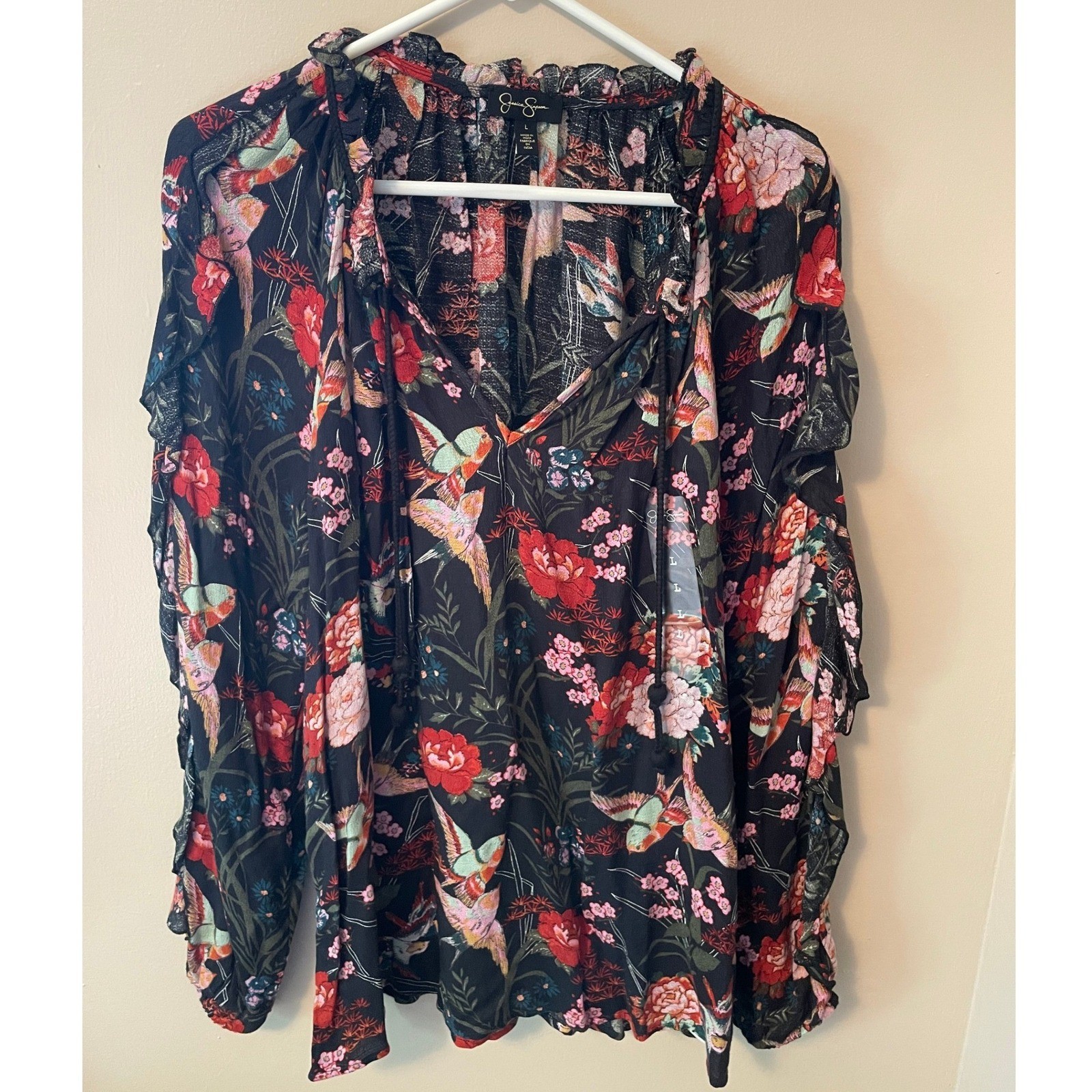 Jessica Simpson Wm Black Floral Hummingbird Ruffle Tie Neck Blouse Lg Feminine