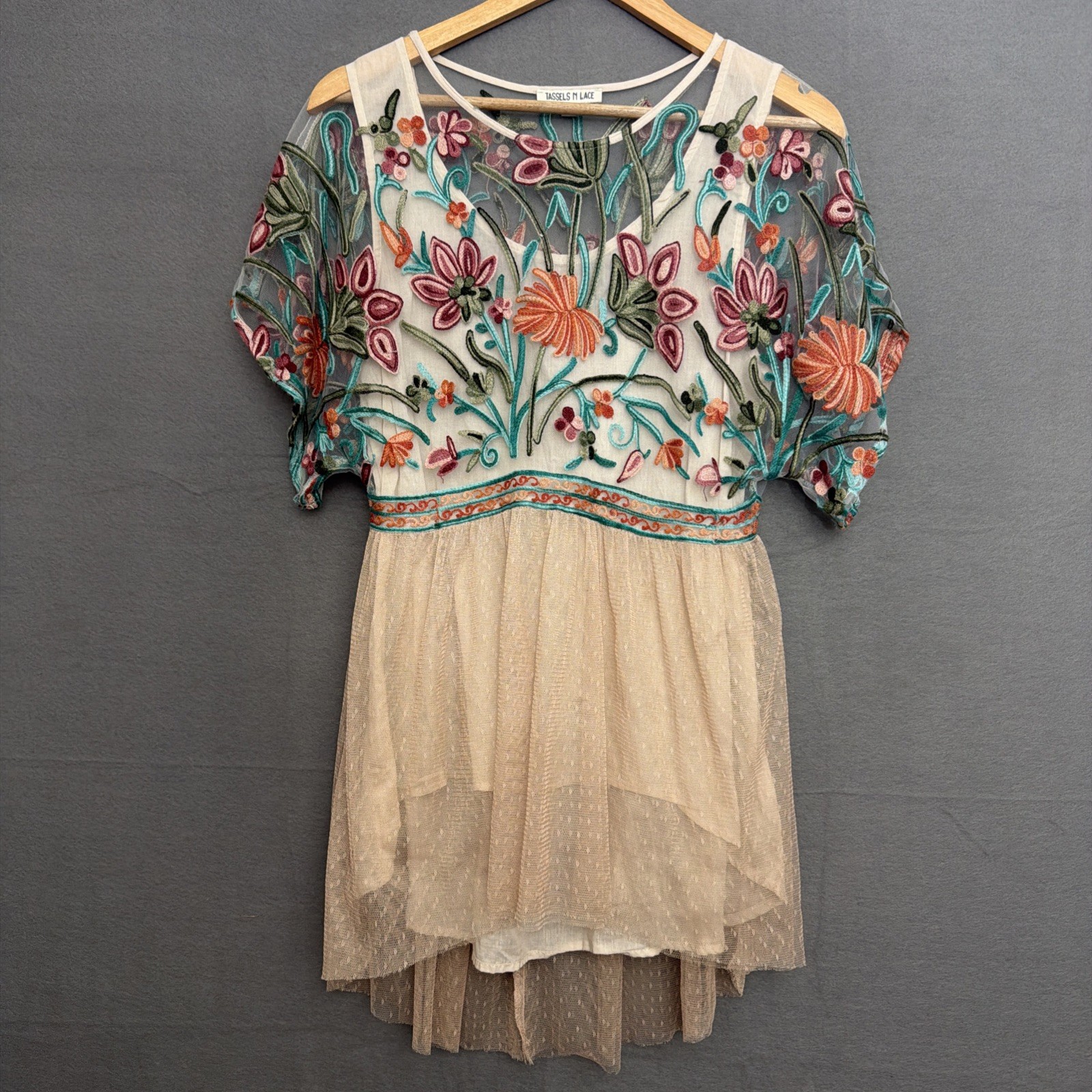 Tassels N Lace embroidered floral Tulle tunic top Sz S Mesh Boho Fairycore