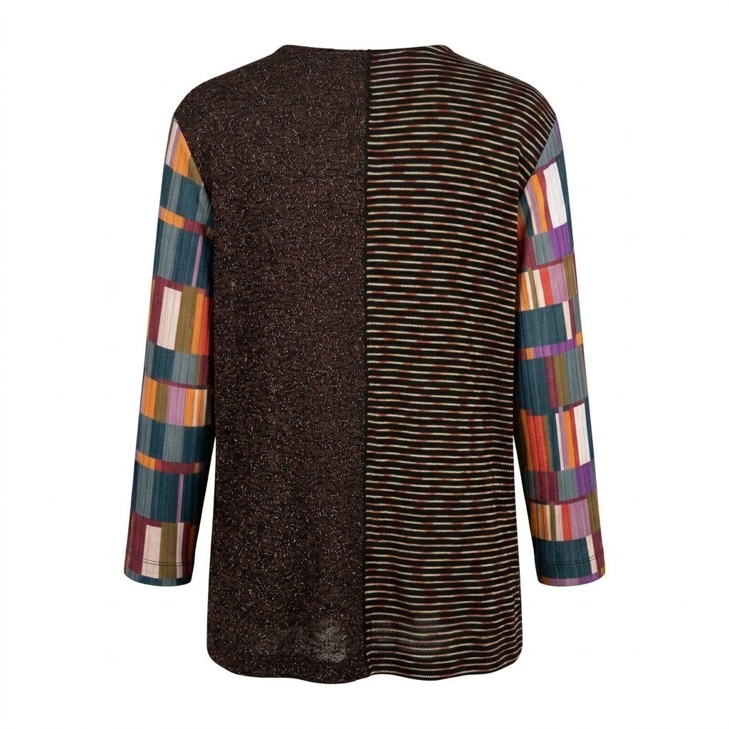 Ali Miles 3X Brown Mixed Media Patchwork Cowl Neck Tunic Shirt Boho Artsy
