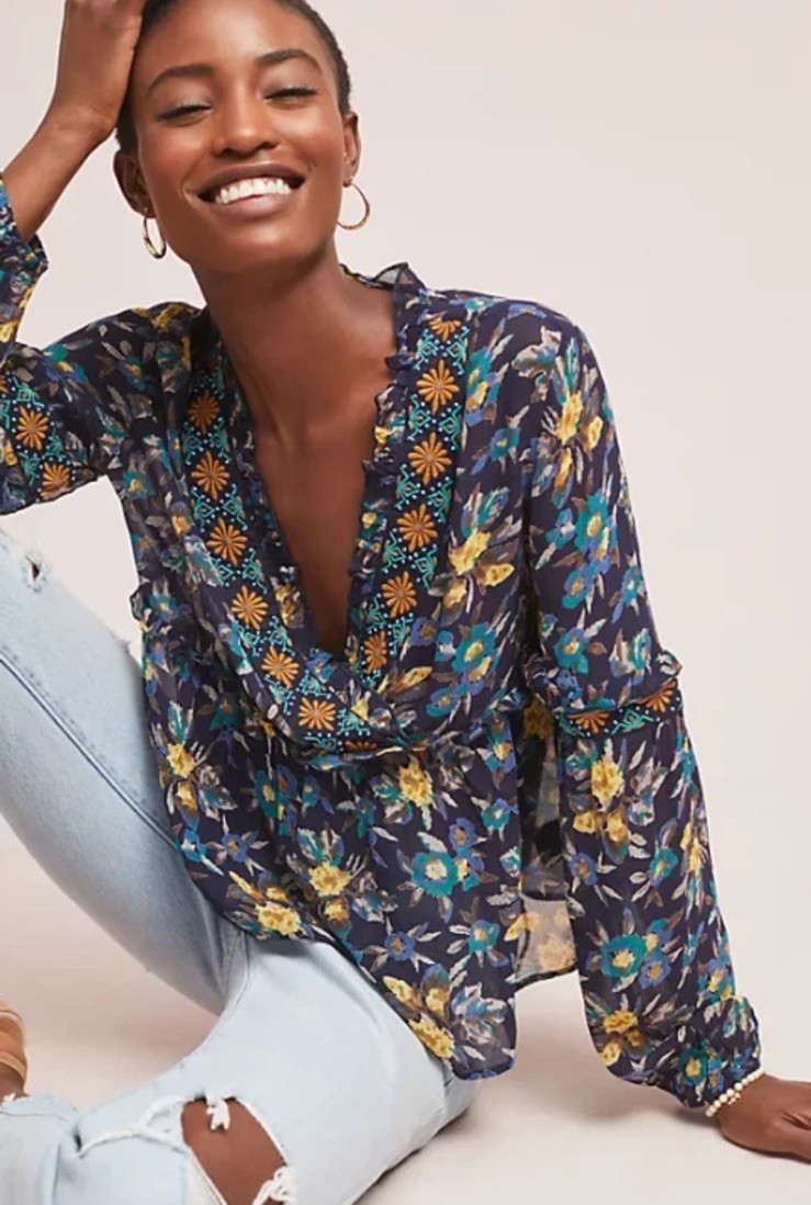 Meadow Rue Anthropologie Floral Embroidered Ruffle Peasant Blouse Boho Artsy S