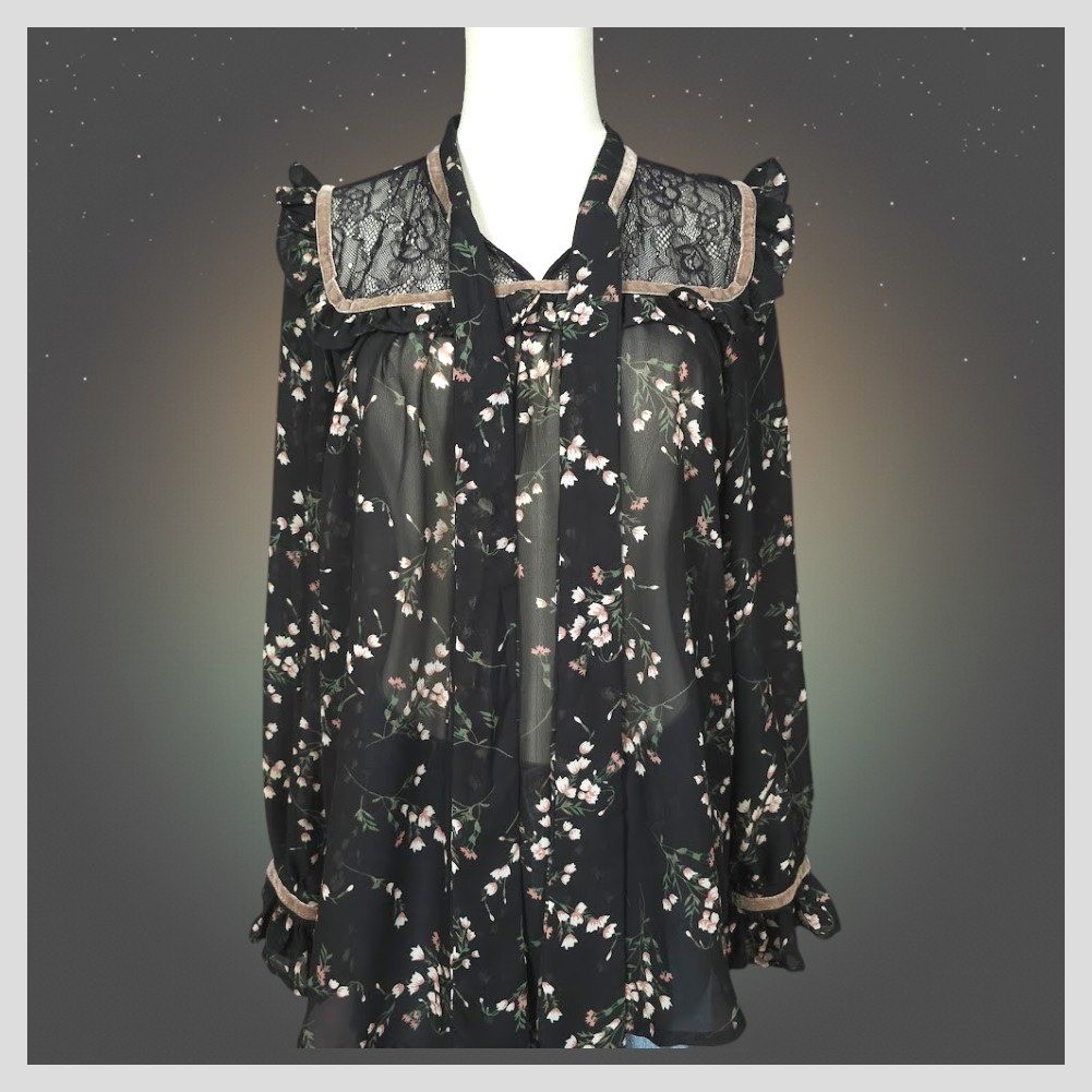 Blu Pepper Sheer Floral Lace Blouse S Black Ruffle Tie Neck Cottage Boho