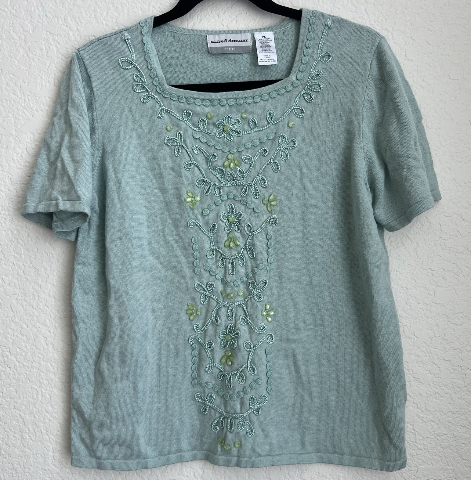 Alfred Dunner Green Knit Floral Embroidered Beaded Square Neck Top Womens PL