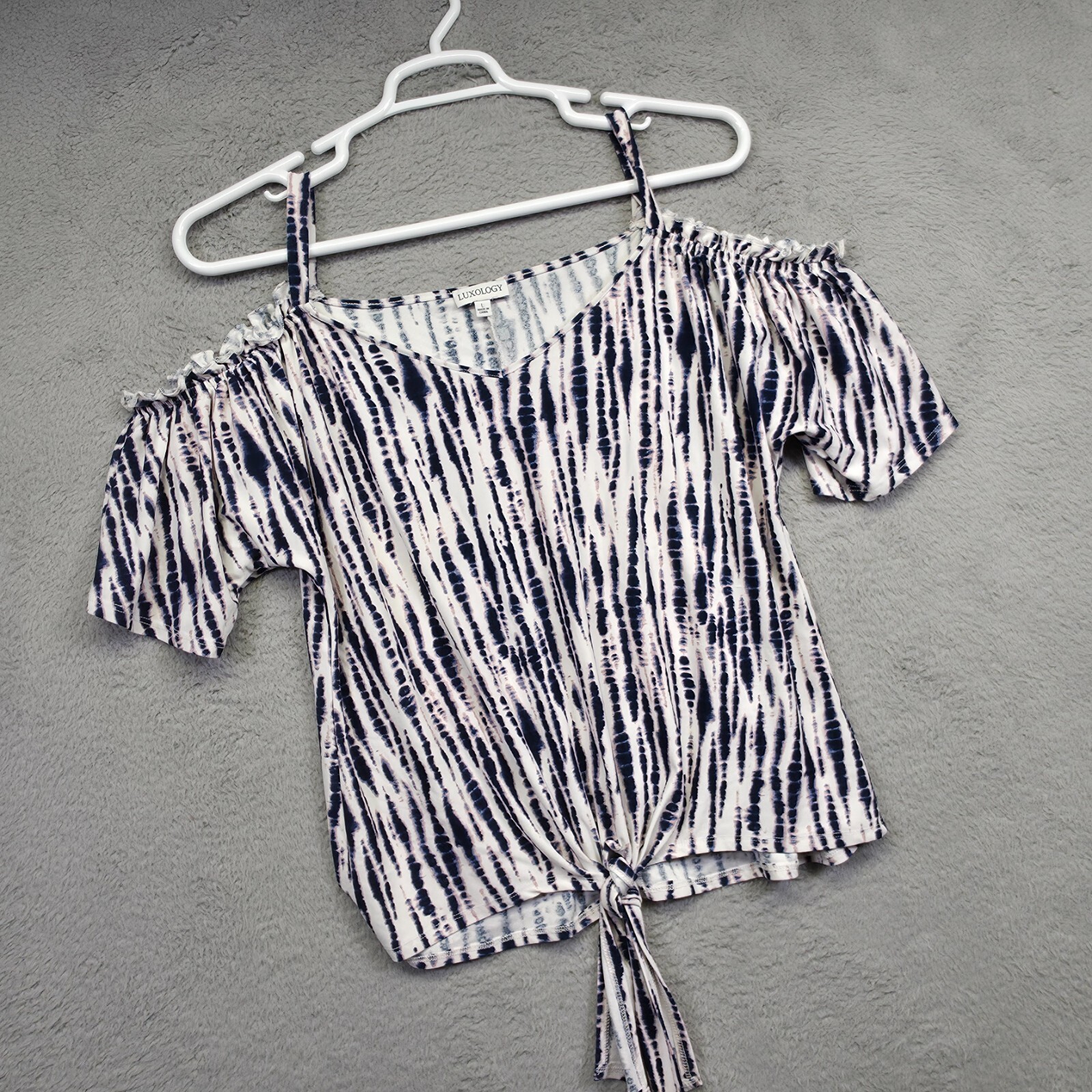 Luxology Top Womens L Blue White Cold Shoulder Ruffle Tie Hem Tie Dye Stretch