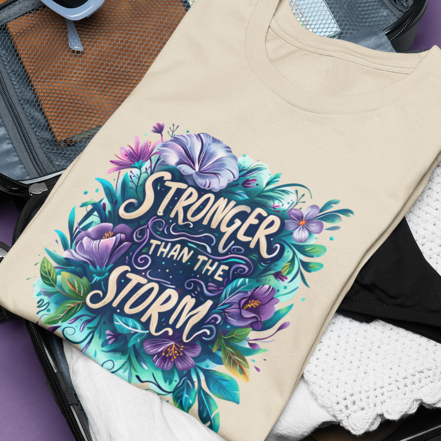 Affirmation T-Shirt Top Tee – Stronger Than Storm Floral Positive Present Gift