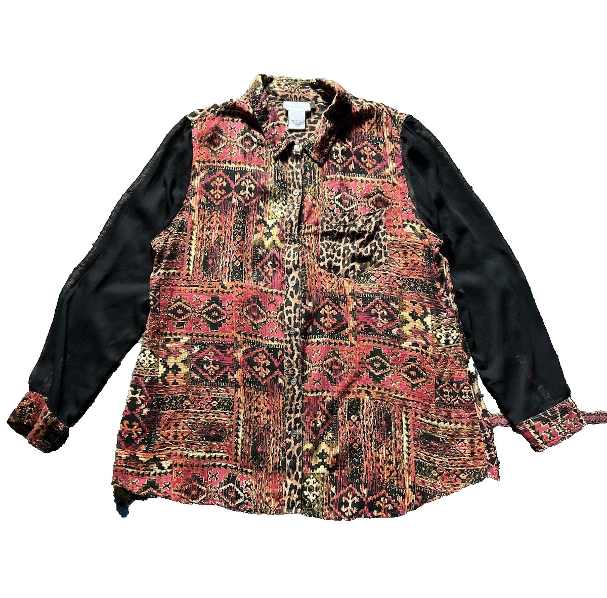 Soft Surroundings Blouse Large Womens Top Long Sleeve Rayon Sheer Animal Boho