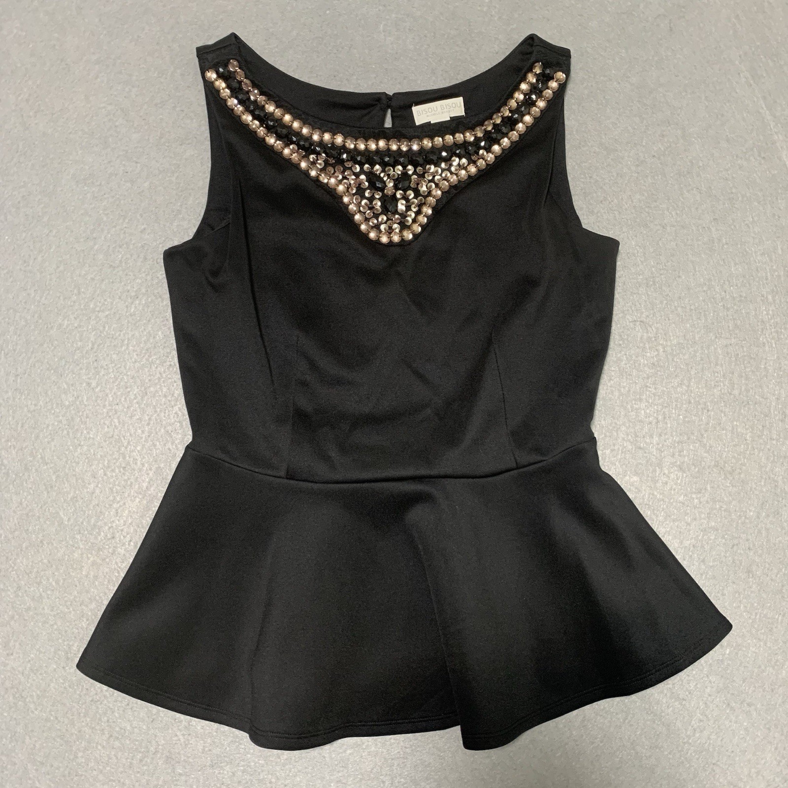 Bisou Bisou Black Peplum Top Size S Embellished Beads Neckline Sleeveless