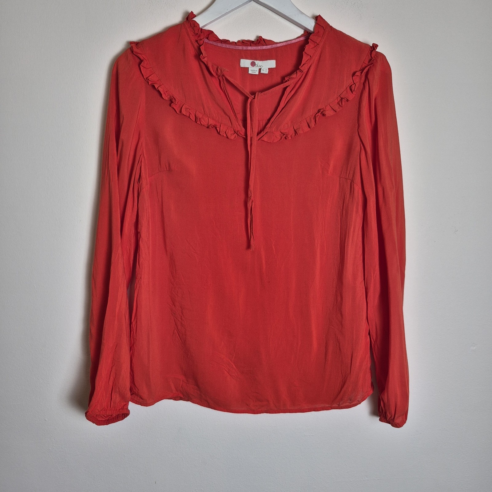 Boden 8 Scarlet Red Frill Collar Blouse Tie Up Collar Long Sleeve Top