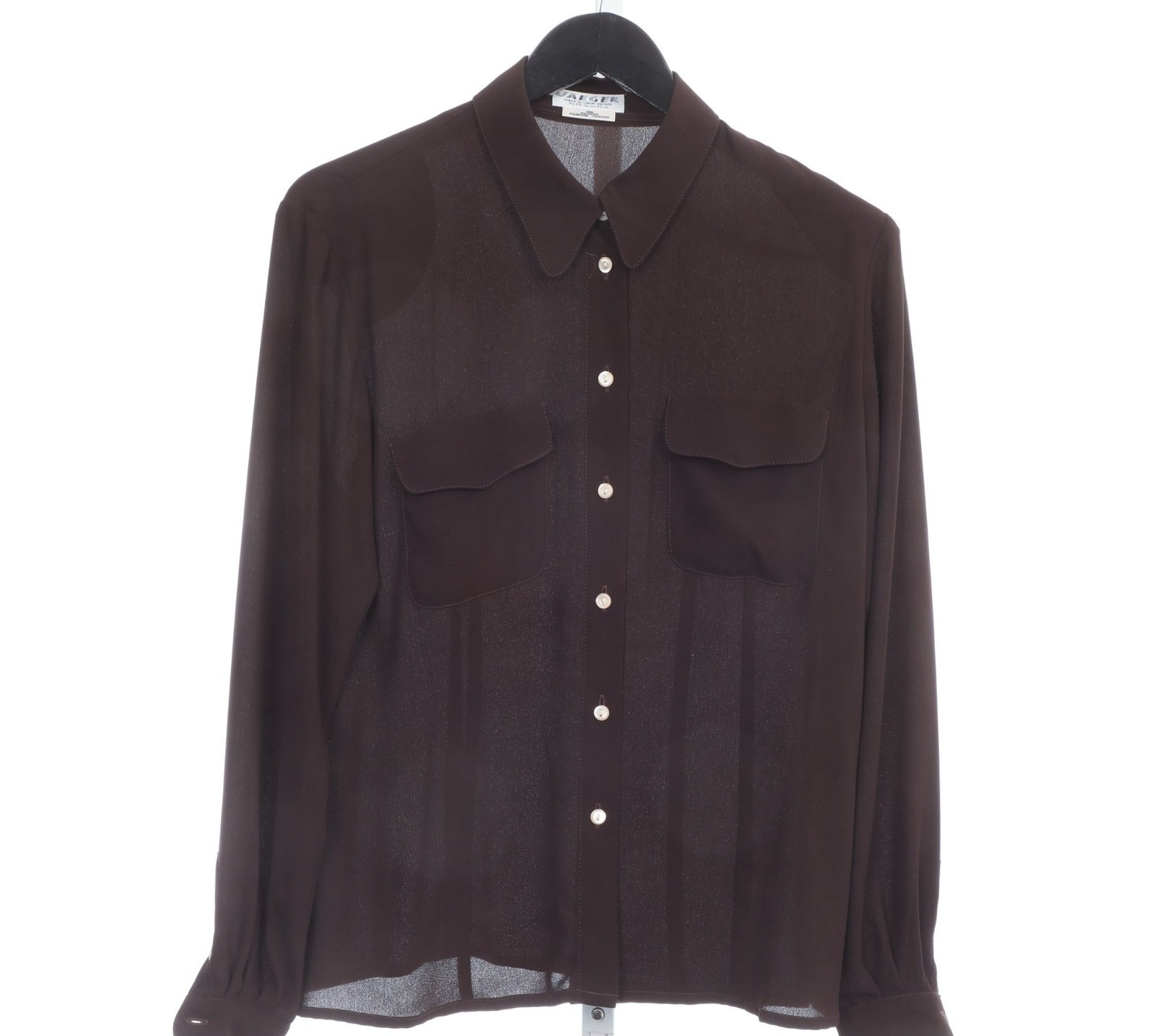 JAEGER Made Great Britain DARK CIGAR BROWN SEMI SHEER CHIFFON Blouse-36 (US 4)