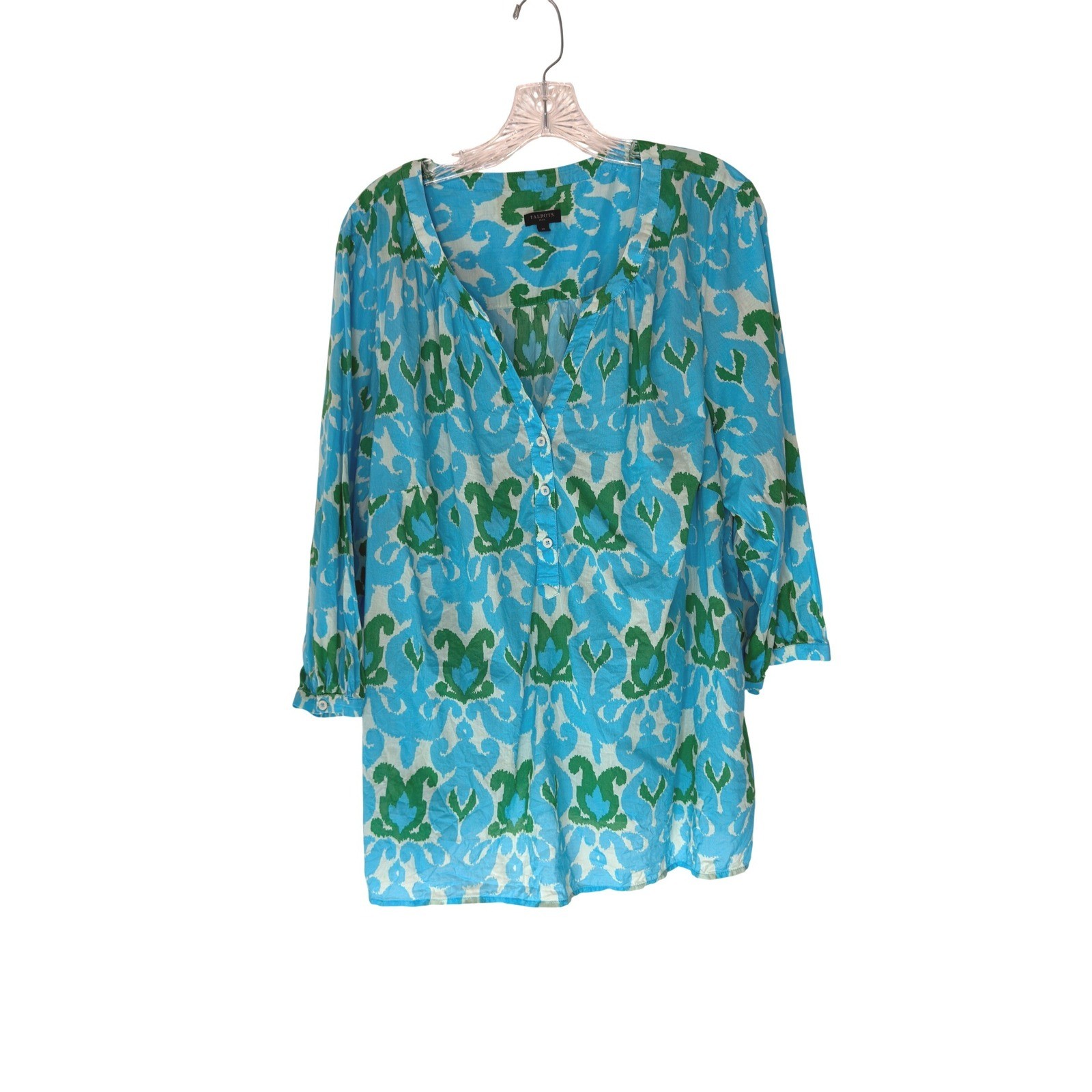 Talbots Plus Blouse Green Blue Lightweight V-Neck Casual Cotton Breathable 2X