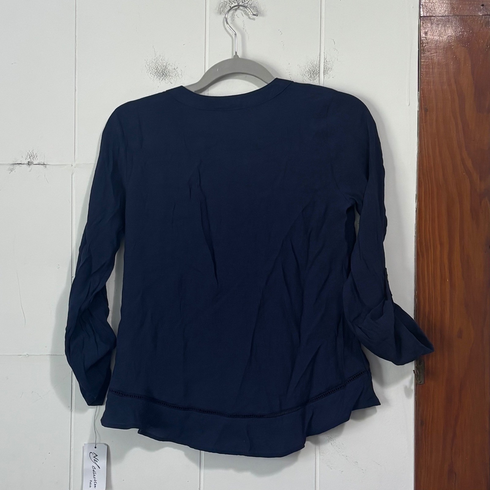 NY Collection Petite Navy Blue Lace Shoulder Roll-Tab Utility Top PXS