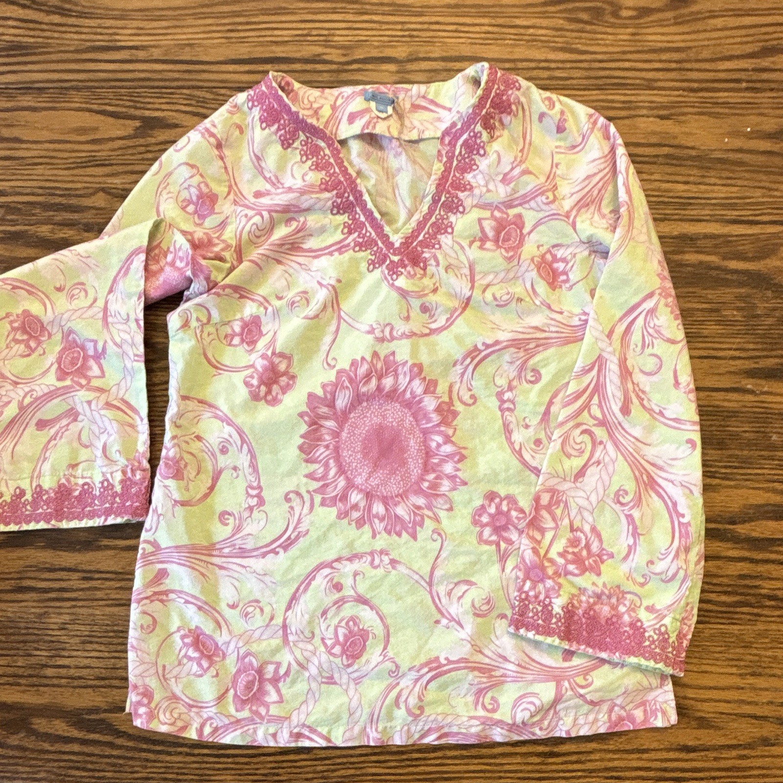 J. McLaughlin Green Pink Floral V-Neck Long Sleeve Silk Cotton Blouse M