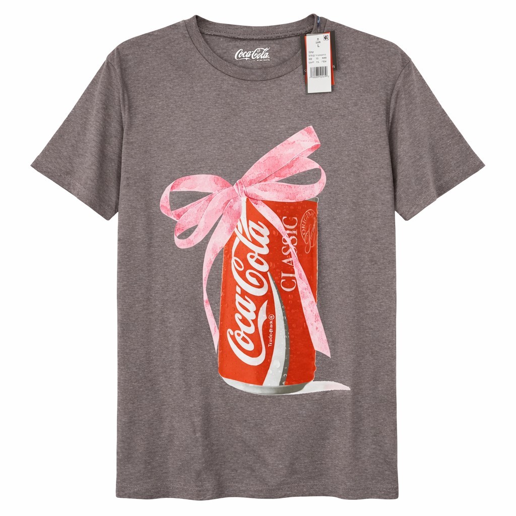 Coca Cola Classic Red Can & Pink Ribbon Bow Heather Gray Graphic T Shirt L NWT