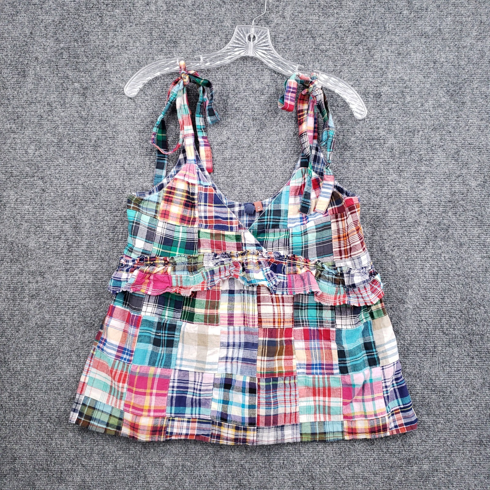 Pilcro Tank Top Womens XS Multicolor Plaid Patchwork Ruffle Tie Strap Sleeveless