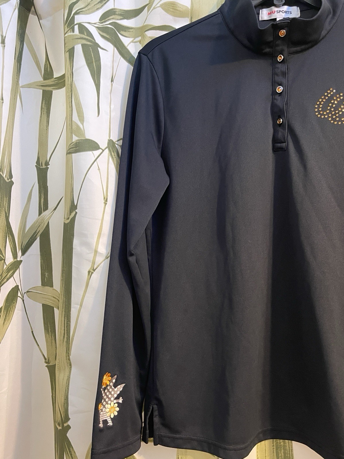M.U Sports Women’s Black Long Sleeve Golf Blouse Rhinestone Buttons Embroidered