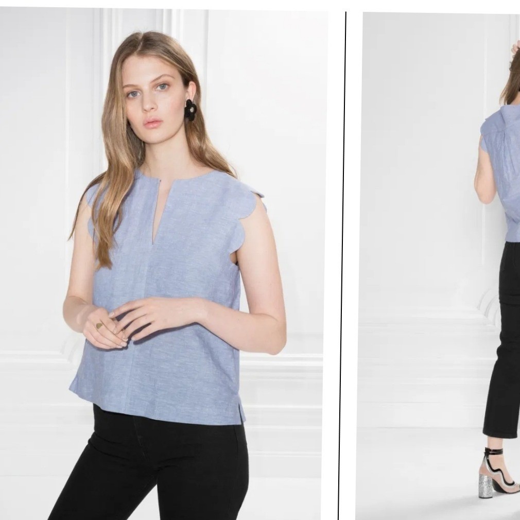 & Other Stories Scalloped 12 Linen Cotton Blouse Blue Split Neck Sleeveless Top