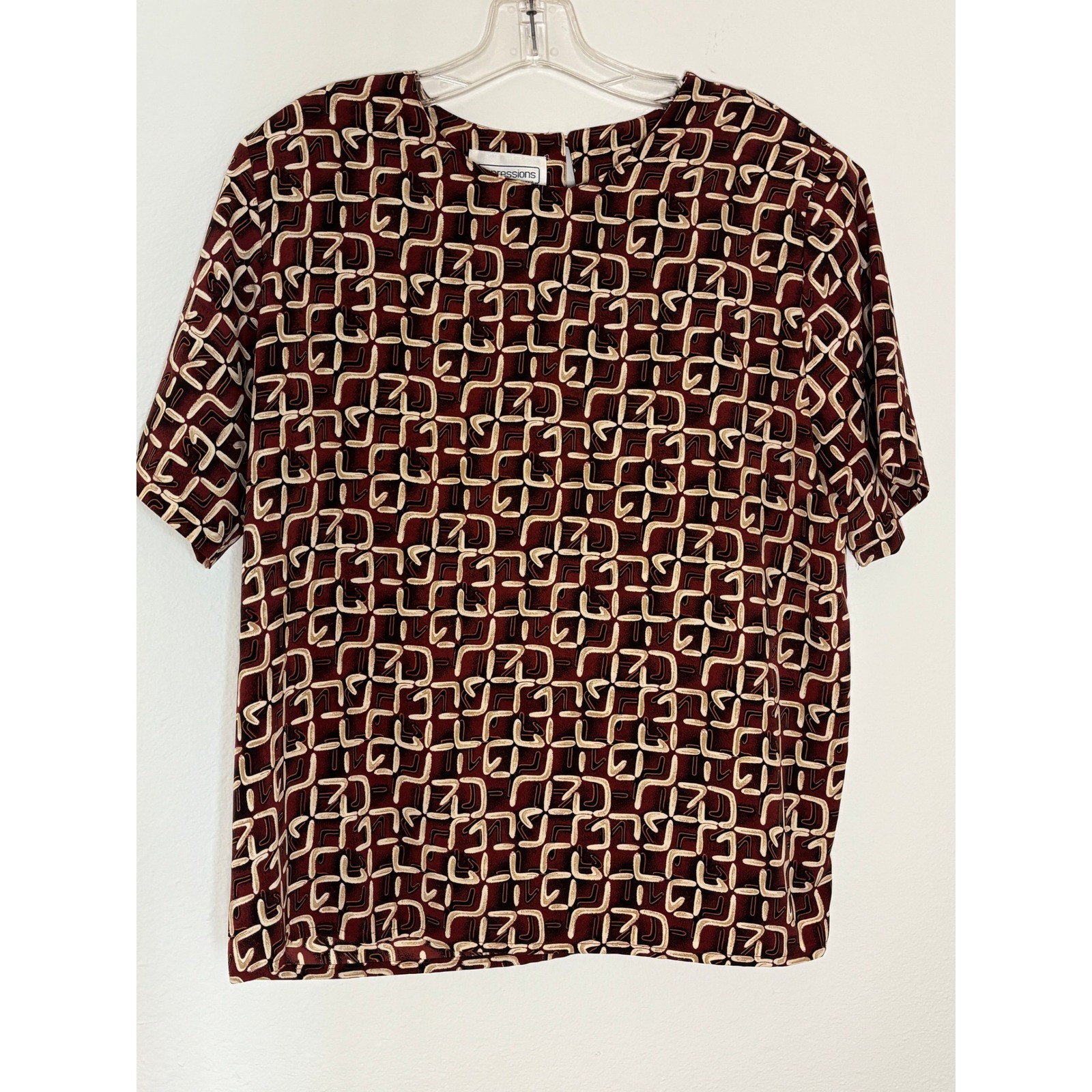 Impressions of California Vintage Abstract Geometric Print Blouse Burgundy L